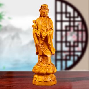 香樟木实木雕刻莲花宝座观音菩萨佛像观音摆件客厅红木私人定制款