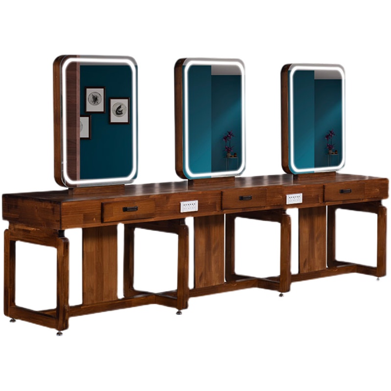 复古实木美发店镜台发廊理发店镜子烫染柜子一体双面led带灯