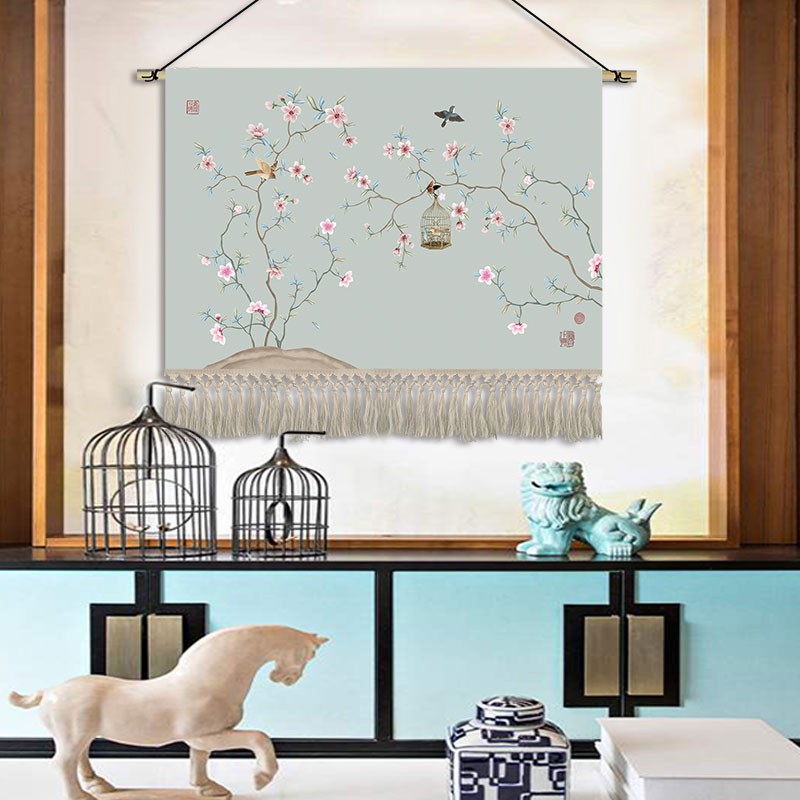 新中式轻奢花鸟挂毯布艺客厅卧室装饰画茶楼走廊壁画挂画遮挡布画图片