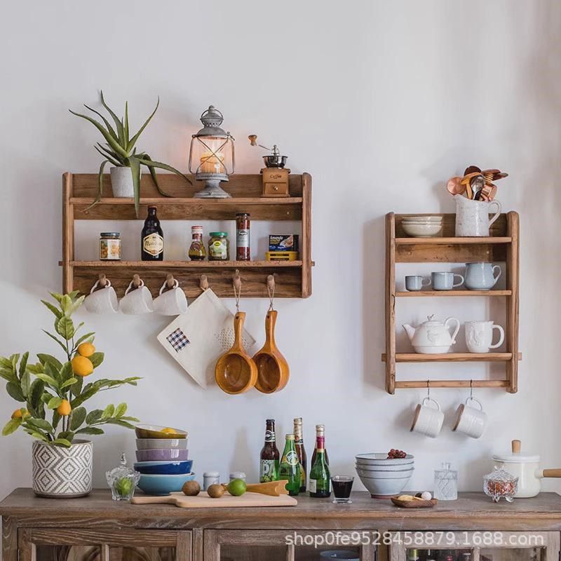 实木置物架天然旧墙面壁柜吊柜厨房木多功能挂架木制复古展示柜