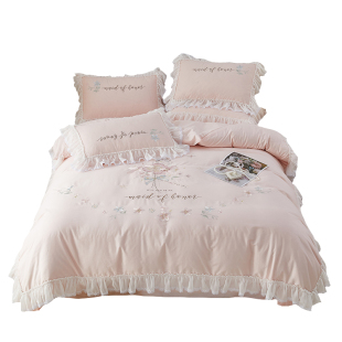 小清新少女心全棉床裙四件套公主风刺绣荷叶边被套床上用品4