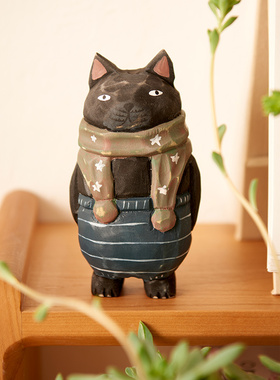 木雕摆件小猫桌面橘猫招财猫创意礼品汽车饰品车载生日礼物实木