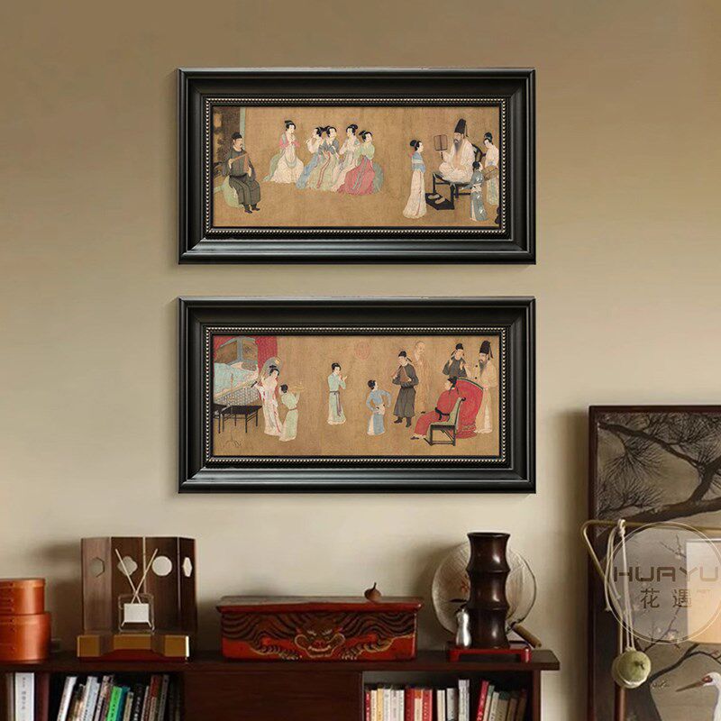 载熙韩夜宴图中国风书房茶室挂画复代美学走廊装饰画宋古床头壁画
