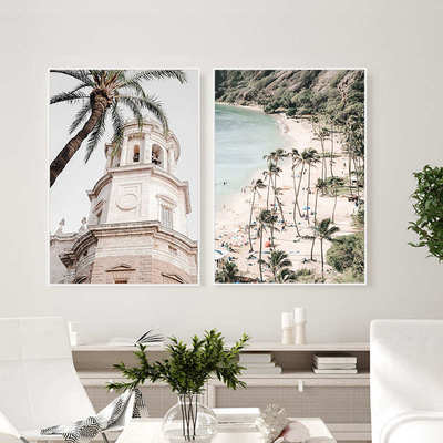 艺象往ins北欧风客厅照片墙挂画夏威夷海滩棕榈树风景建筑装饰画