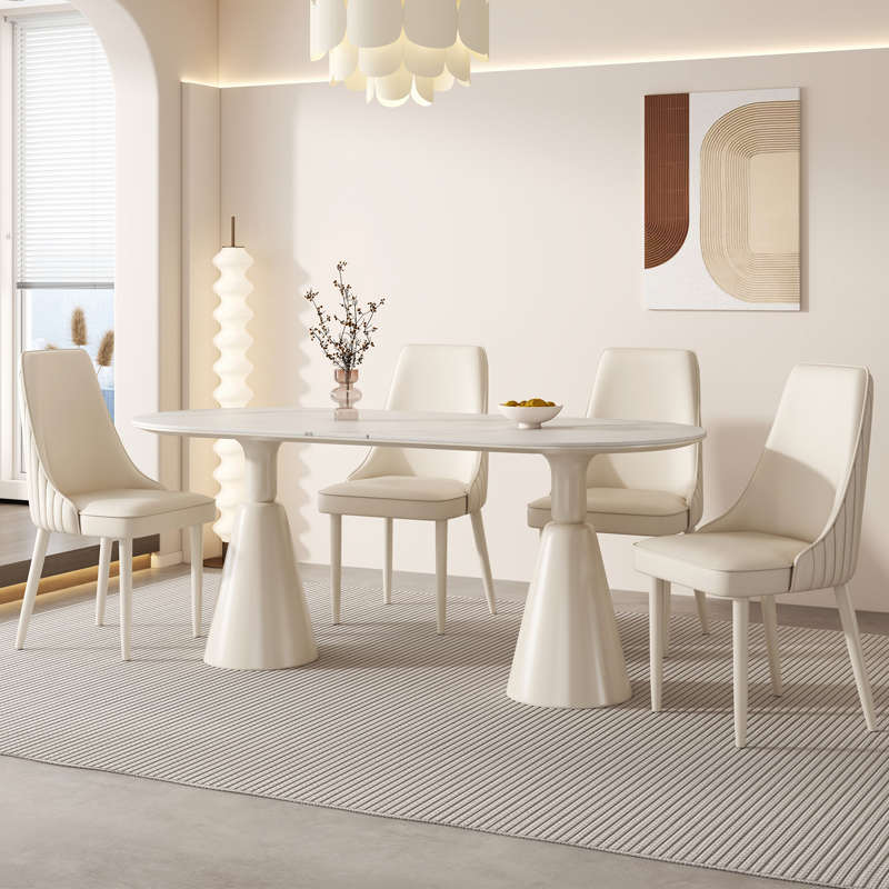 奶油风岩板餐桌法式轻奢家庭吃饭桌小户型现代简约网红餐桌椅组合