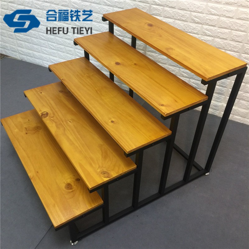 服装店铺鞋店架展示架实木流水台木板铁艺落地式多层中岛中间货架