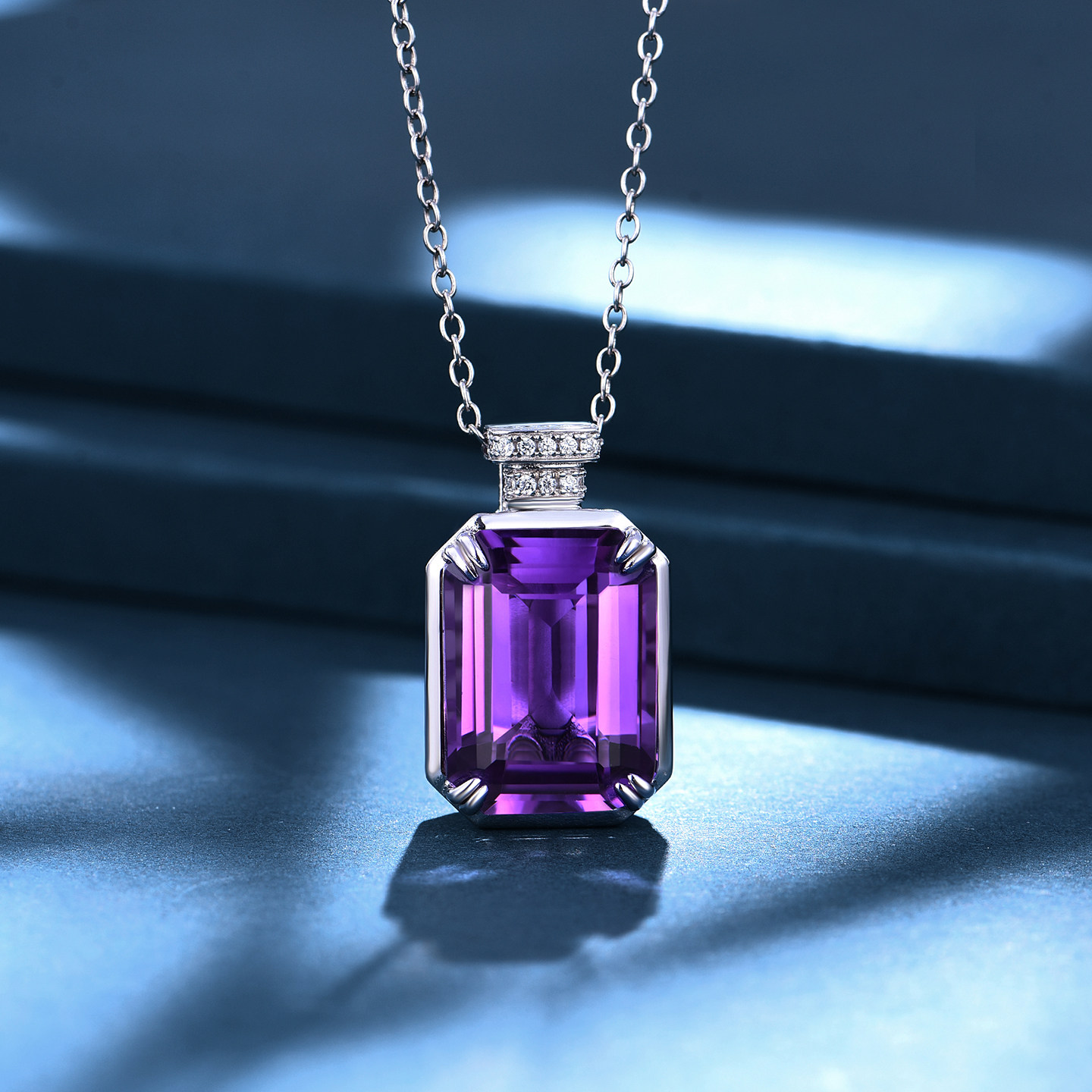 私意珠宝天然彩宝4克拉紫水晶项链18K金镶钻石项链定制方形首饰