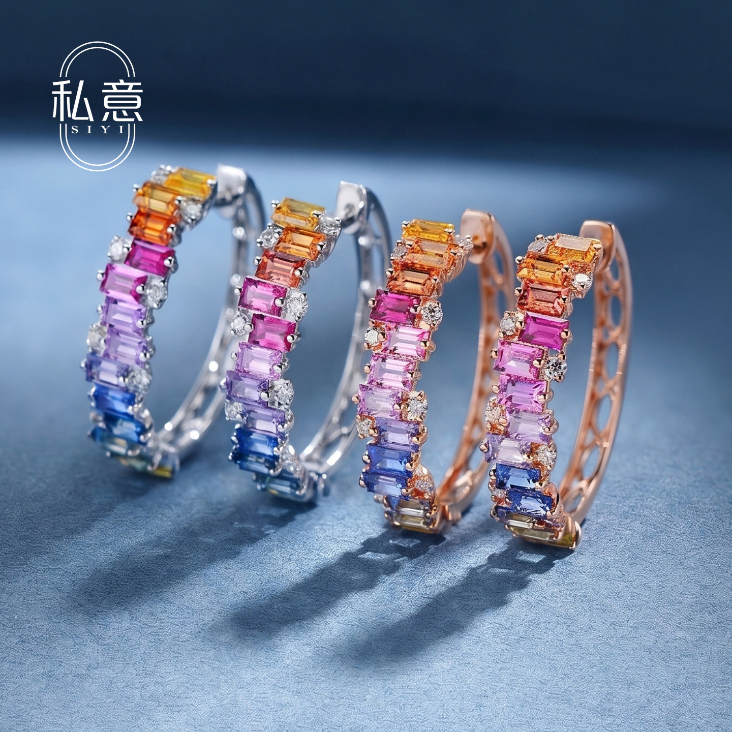 私意珠宝18K金镶钻彩蓝宝耳环