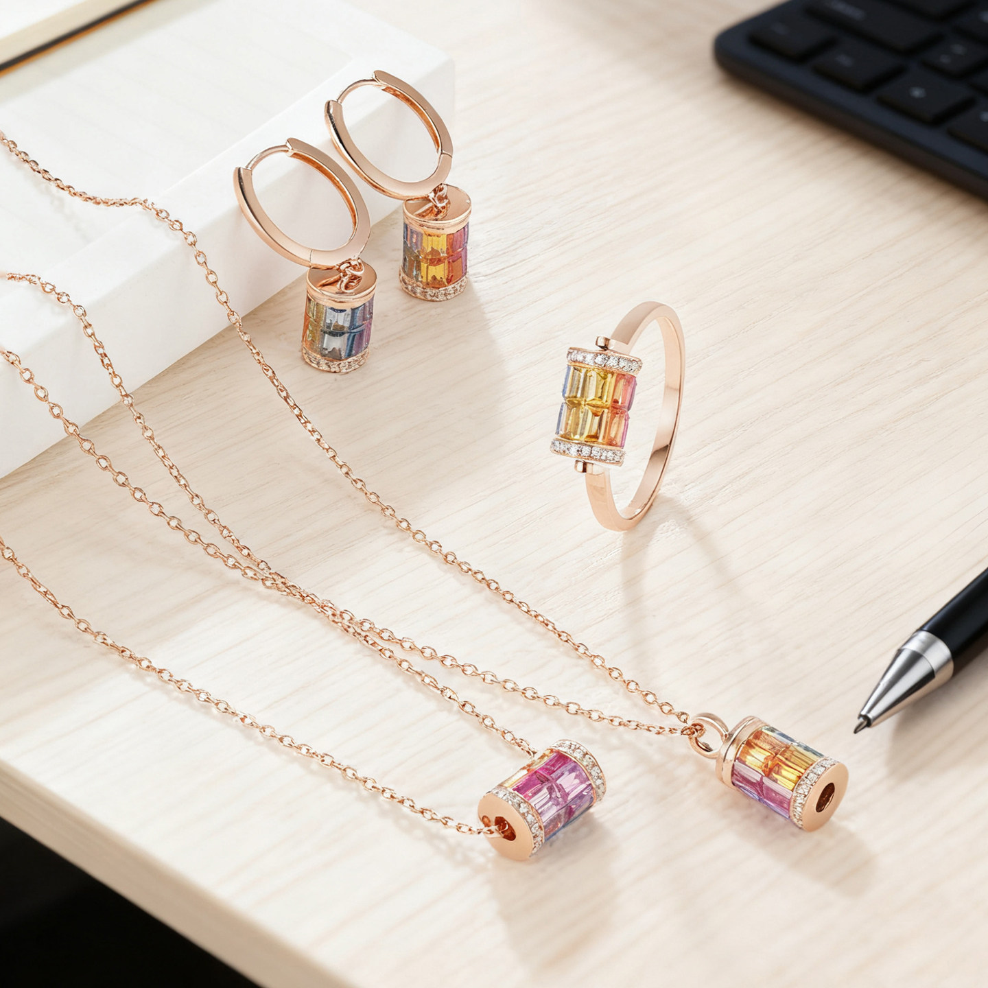 天然彩宝彩虹蓝宝戒指18K金