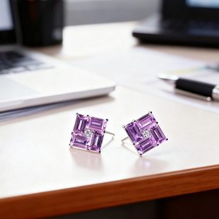 私意珠宝 天然彩宝彩蓝宝耳钉18k金镶钻石时尚耳环方形首饰定制