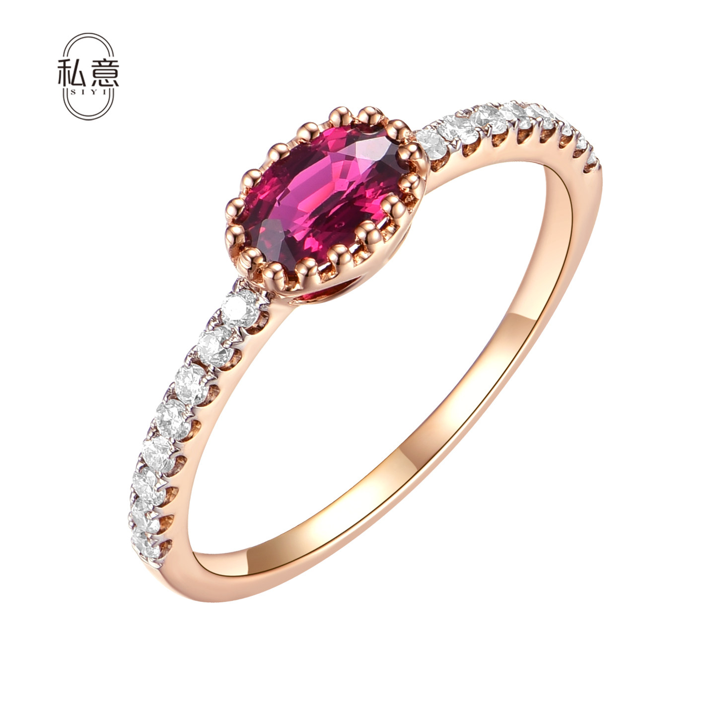 私意珠宝天然彩宝0.55克拉红宝石戒指18K金钻石首饰偏鸽血红定制