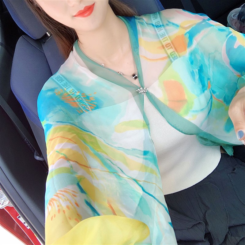 夏季桑蚕丝空调披肩防晒丝巾真丝开车防晒披肩女骑车防紫外线披肩