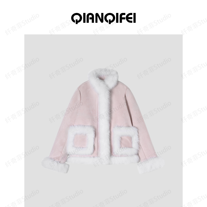 11-2F B【向云端】新款拼接毛毛休闲甜美加绒短外套 TK5414