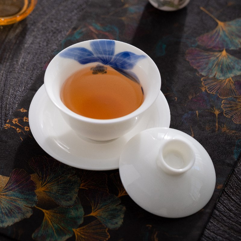 天福彼物手绘盖碗兰花茶杯德化陶瓷茶具杯子主人家用白瓷功夫茶碗