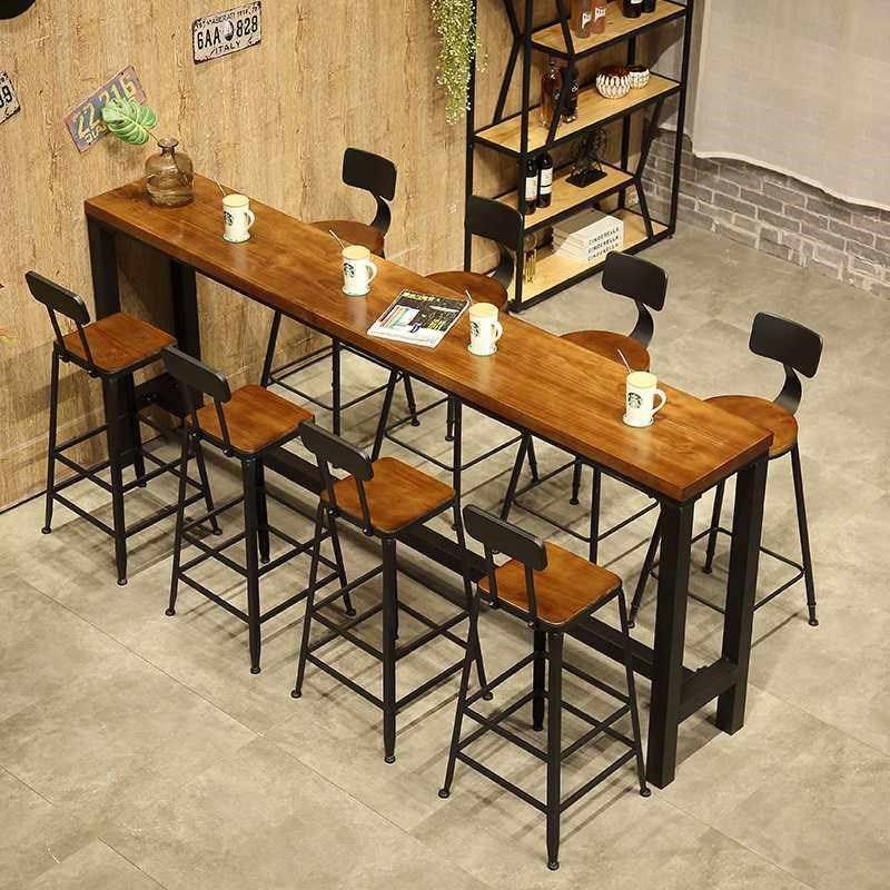 新款铁艺实木高脚靠墙吧台桌子家用咖啡厅奶茶店长条美式酒吧桌椅