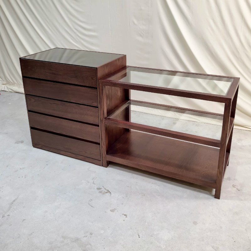 服装店胡桃色实木中岛柜女装店陈列中间摆台饰品展示架玻璃中岛台