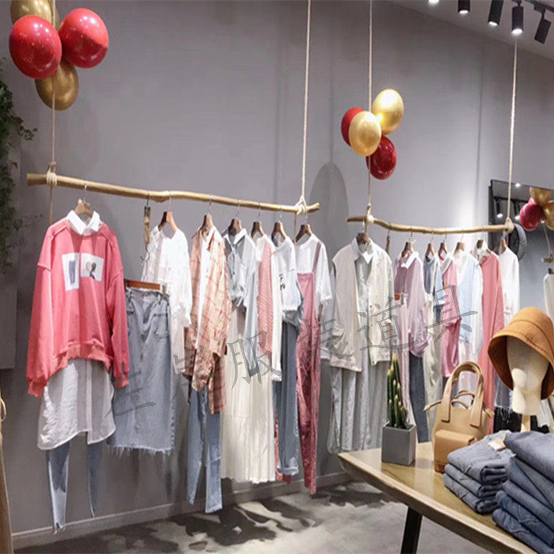 服装店干树枝挂衣架复古麻绳吊顶展示架橱窗上墙悬挂晾衣杆置物架