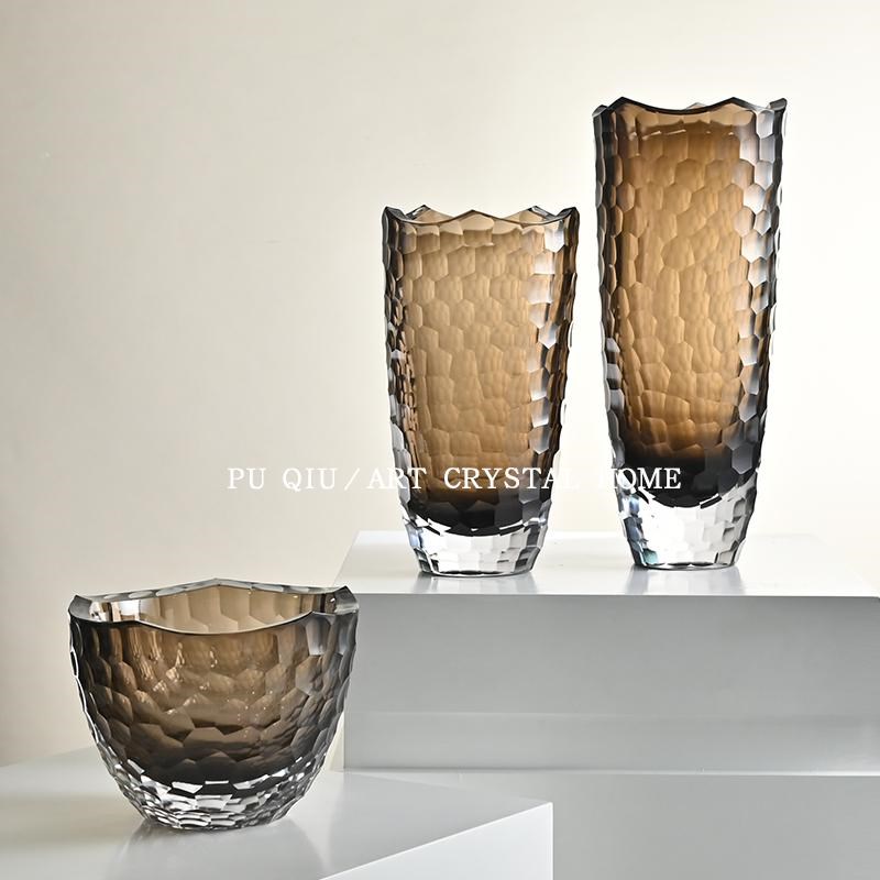 艺术高端菱形直棕色玻璃花瓶别墅卧室床头柜装饰高端花瓶花盆