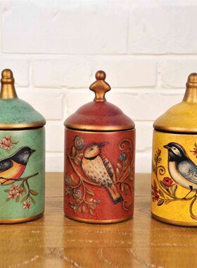 欧式做旧花鸟收纳储物罐摆件家居陶瓷创意复古茶叶罐