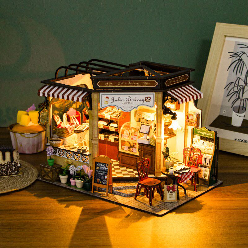 弘达diy小屋茱莉亚面包店木制拼装模型手工小房子玩具生日礼物