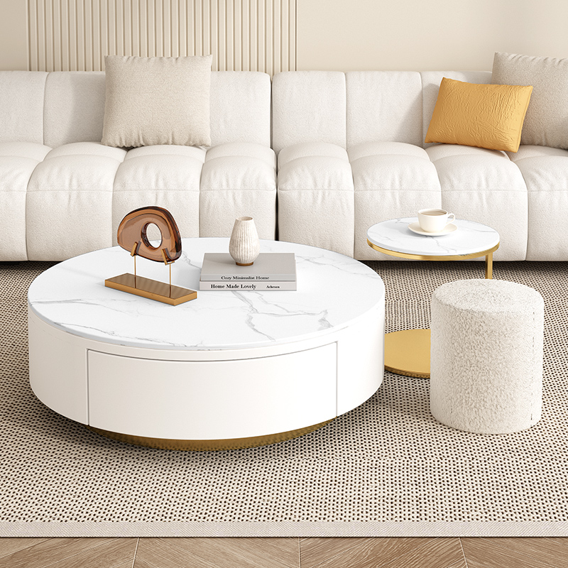 奶油风大小圆形茶几客厅家用现代简约网红小户型岩板边几卧室茶桌