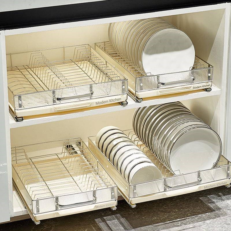 抽拉式碗碟收纳架抽屉式厨房碗架拉篮碗盘盘子沥水置物