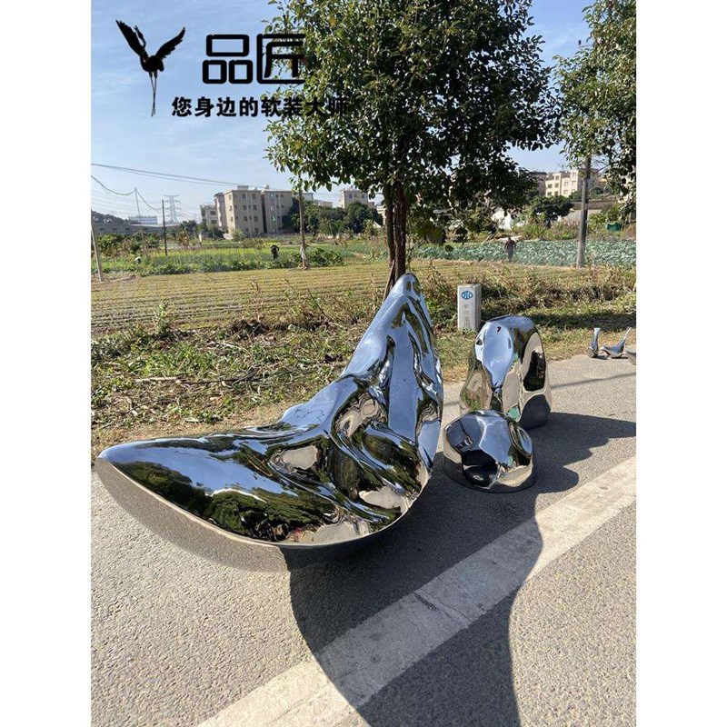 不锈钢镜面太湖石船雕塑金属户外水景水池帆船艺术抽象创意摆件