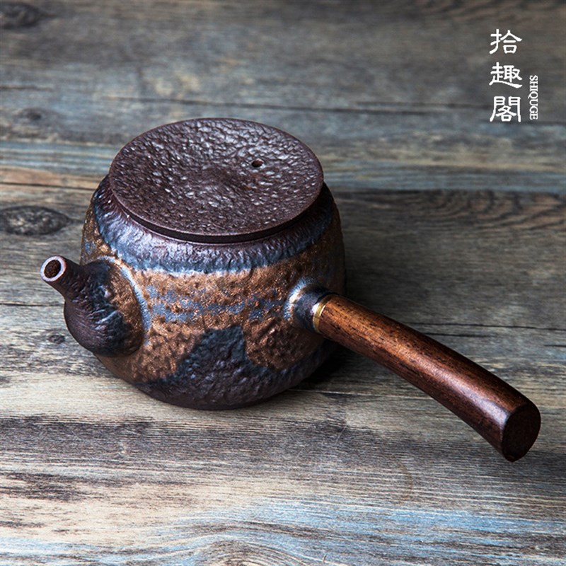 日式手工粗陶茶壶陶瓷侧把壶复古鎏金普洱泡茶器功夫茶具柴烧单壶