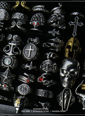 福祥福网红骷髅头十字架黑可调节开口戒指霸气潮酷男女摇滚蒸汽