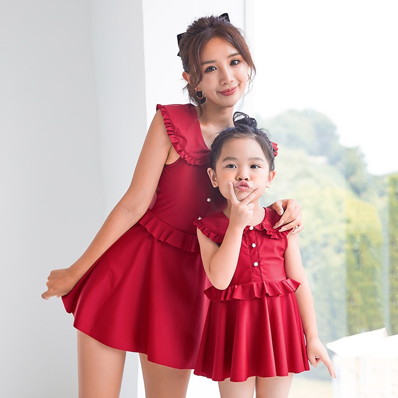 新款红色亲子泳衣母女分体裙式女孩女童公主游泳衣沙滩温泉泳装