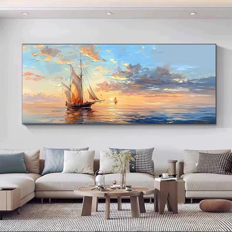 一帆风顺手绘肌理装饰画客厅卧室背景墙沙发落地挂画大海蓝天壁画