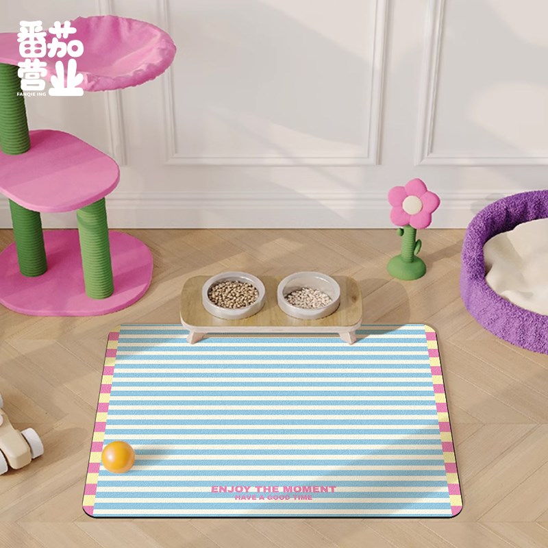 韩系条纹宠物餐垫猫咪狗狗吃饭喝水碗垫皮革吸水免洗可擦宠物垫子