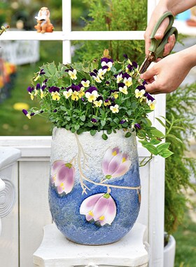 sunr 雕刻花盆泡泡釉陶瓷多肉绿植盆向日葵花瓶装饰摆件优雅