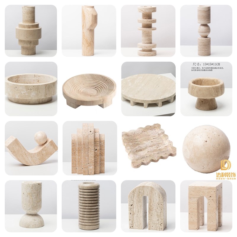 创意黄洞石托盘烛台几何摆件软装样板房客厅茶几电视柜餐家居饰品