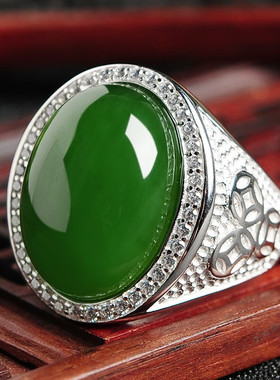 高档大气男女款天然和田玉碧玉镶嵌925银指环 可伸缩玉戒指带证书
