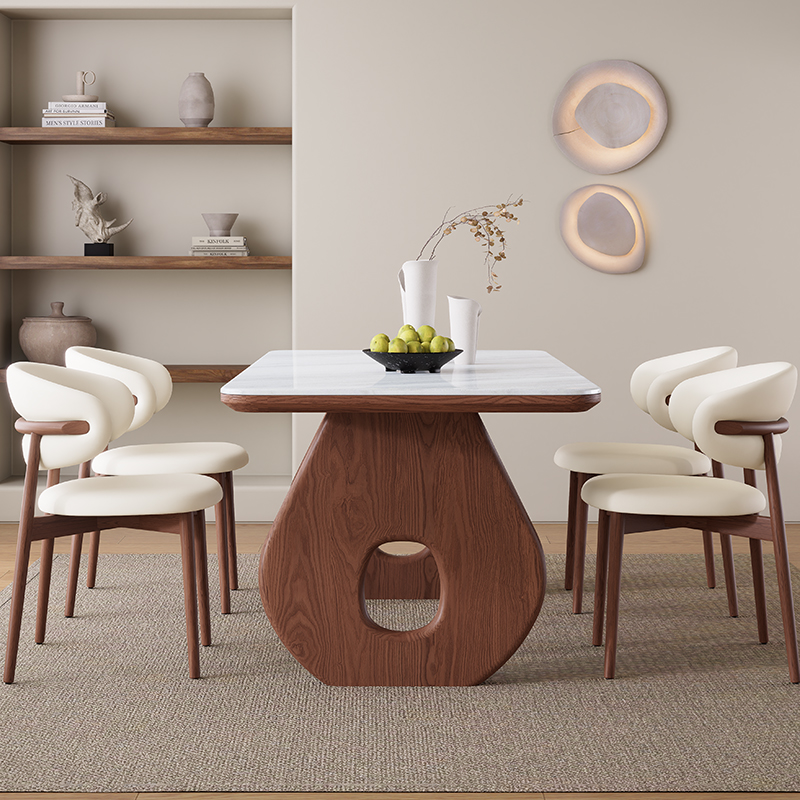 培嘉家居高端复古风白色网红微晶石实木餐桌椅组合大理石吃饭桌子