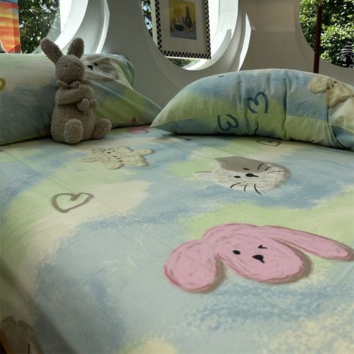涂鸦风蜡笔画小猫小兔纯棉全棉床笠床单单件1.35m学生宿舍保护套