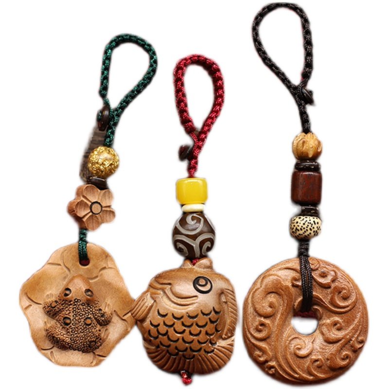桃木钥匙扣汽车挂件菩提木雕平安扣情侣包男女士貔貅年年有余挂饰