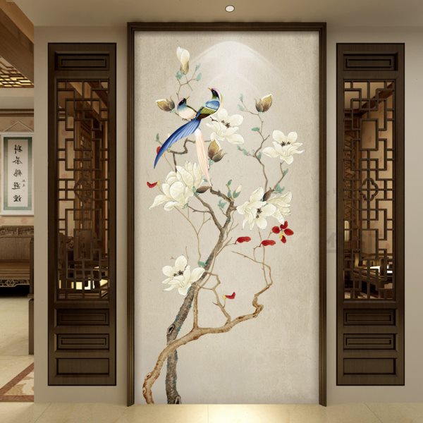 18d走廊玄关壁画玉兰花鸟壁纸新中式5d客厅电视背景墙纸无缝墙布