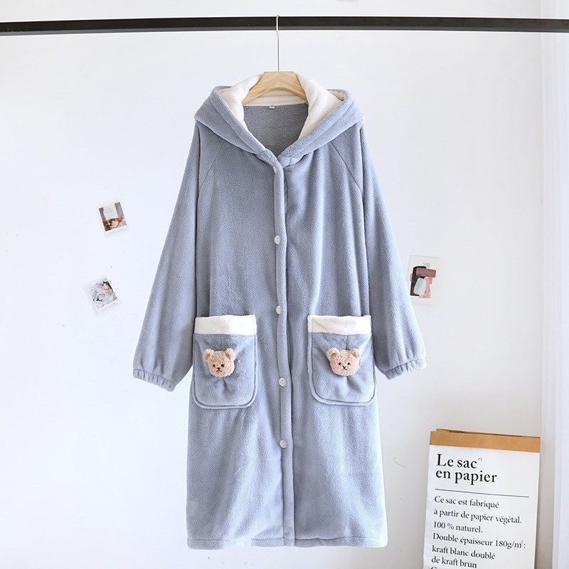 卡通睡袍女冬季珊瑚绒保暖加厚长款浴袍家L居服法兰绒可爱宽松睡