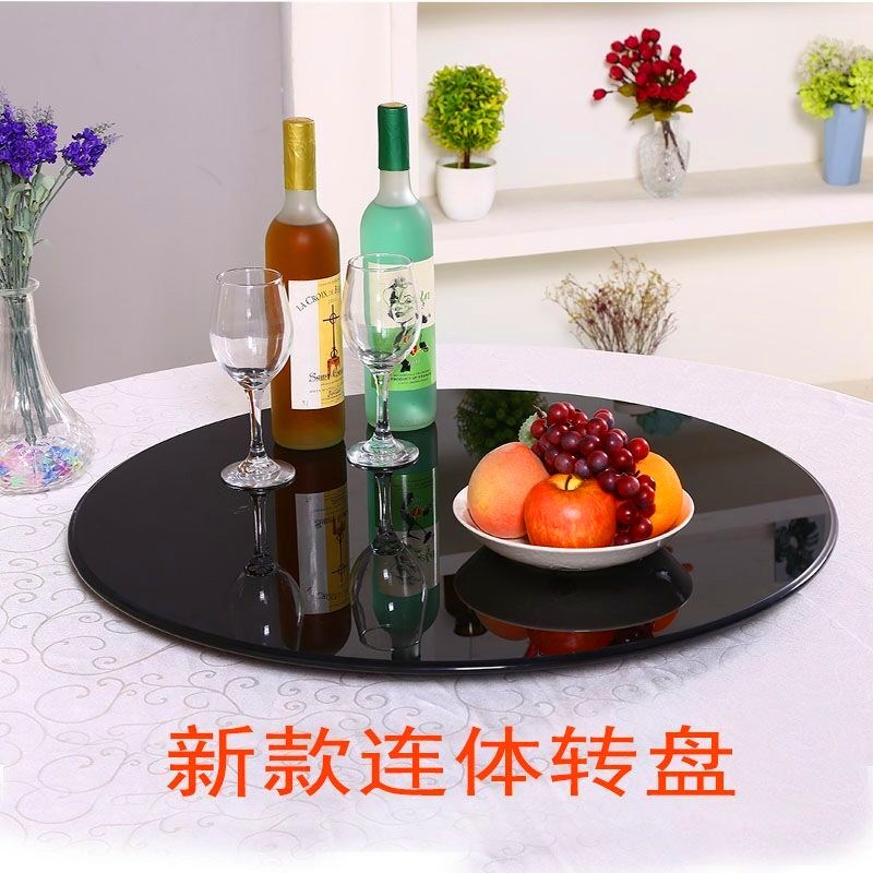 餐桌圆桌圆形钢化玻璃纯黑色转盘旋转盘底座家用拍照饭桌定制台面