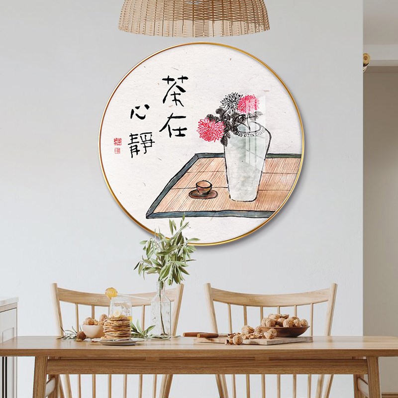 新中式圆形餐厅装饰画玄关挂画饭厅餐桌壁画卧室床头花鸟背景墙画图片