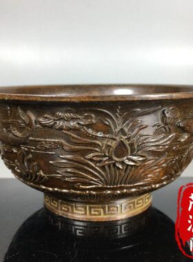 古玩老物件仿古纯铜年年有余老铜碗老铜器家居客厅玄关装饰品摆件