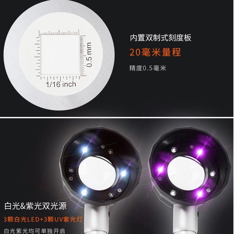 45倍放大镜1000烟酒珠宝鉴定60高清手持用钱币30带灯刻度邮票印刷