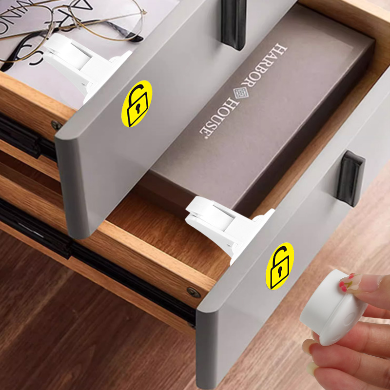 磁吸抽屉锁免打孔牀头柜子门隐形磁力办公桌暗装感应锁儿童安全锁