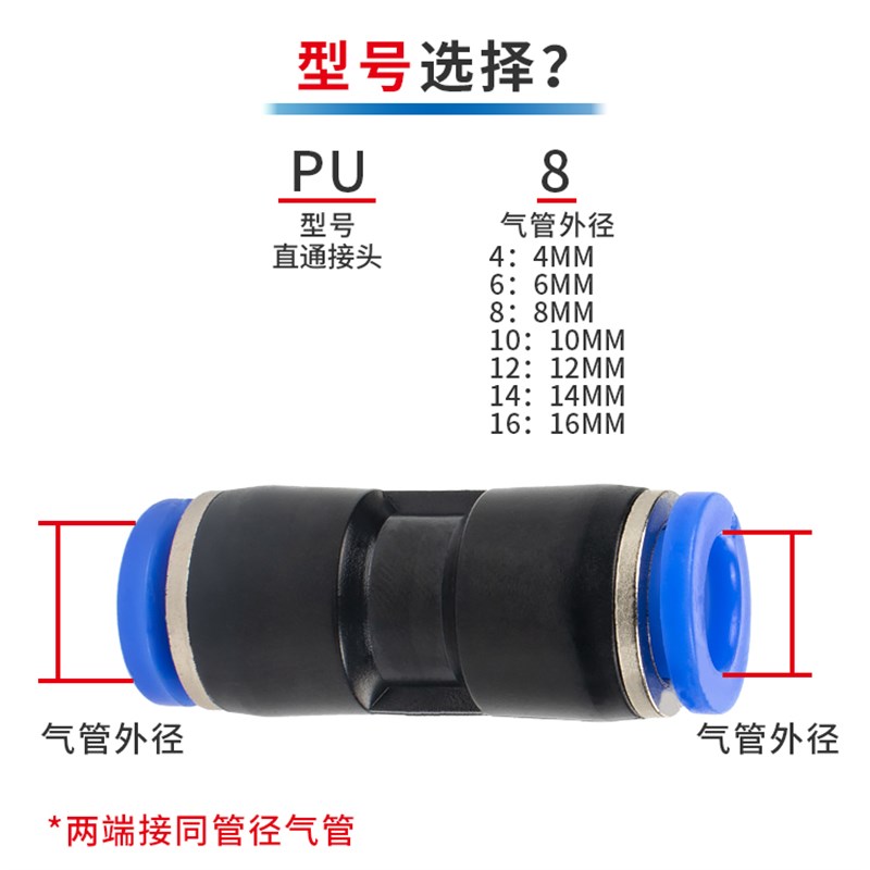 气动快速接头直通快插PU4/PU6/PU8/PU10/PU12/PU16对接塑料蓝黑白