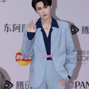 休闲职业装 檀健次明星同款 男商务正装 套装 潮 高干精英风浅蓝色西装