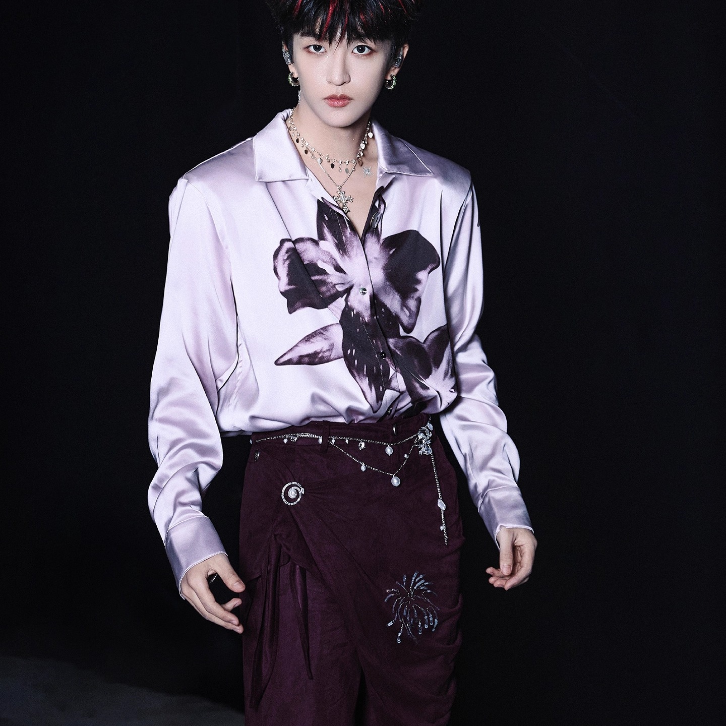 黄子弘明星同款紫色印花长袖衬衫帅气男痞帅高级感百搭休闲西服潮