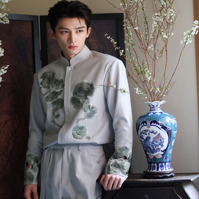 王星越同款新中式立领刺绣男衬衫