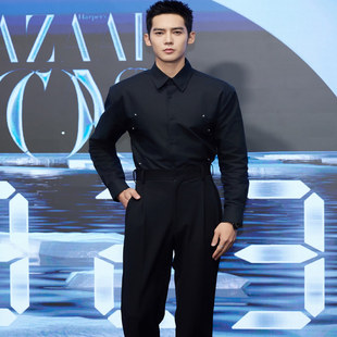 潮 痞帅商务百搭长袖 于适明星同款 黑色极简风休闲衬衣男高级感修身